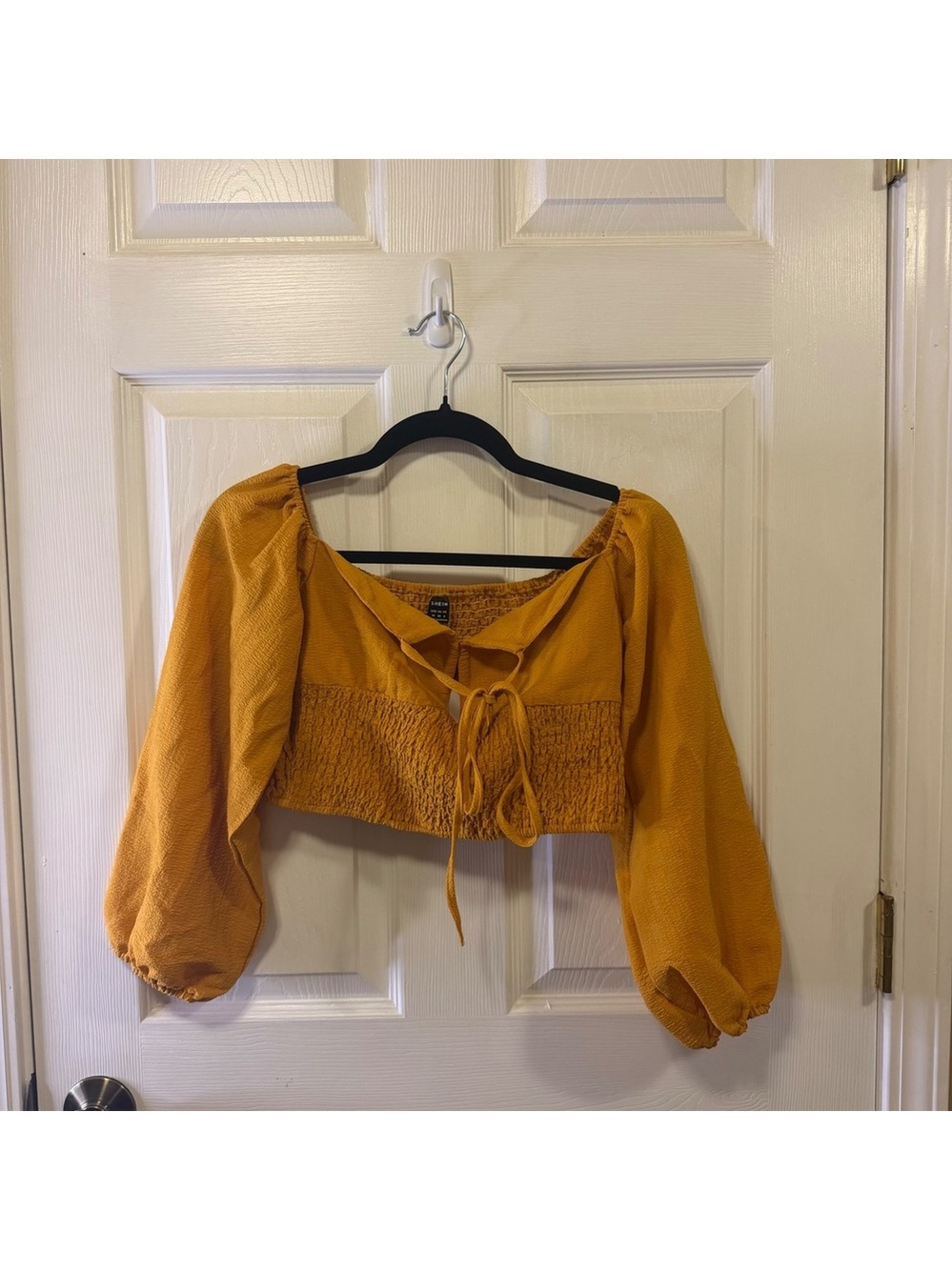 SHEIN VCAY Mustard Yellow Smocked Tie Front Puff Sleeve Crop Top Size M 6